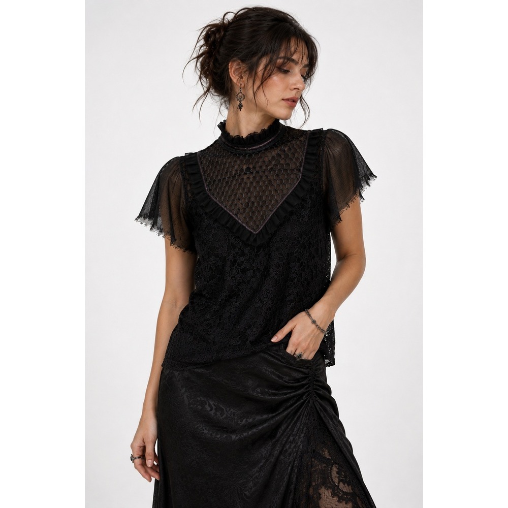 Gothic Victorian Black Lace Ruffle Mock Neck Top Large Romantic Dark Academia